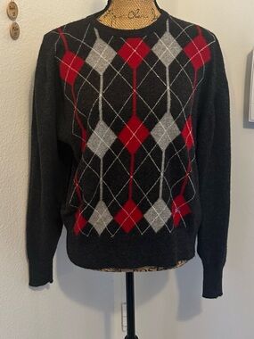 Vintage Burberrys Men's Charcoal Crewneck Sweater with Red & Gray Argyle